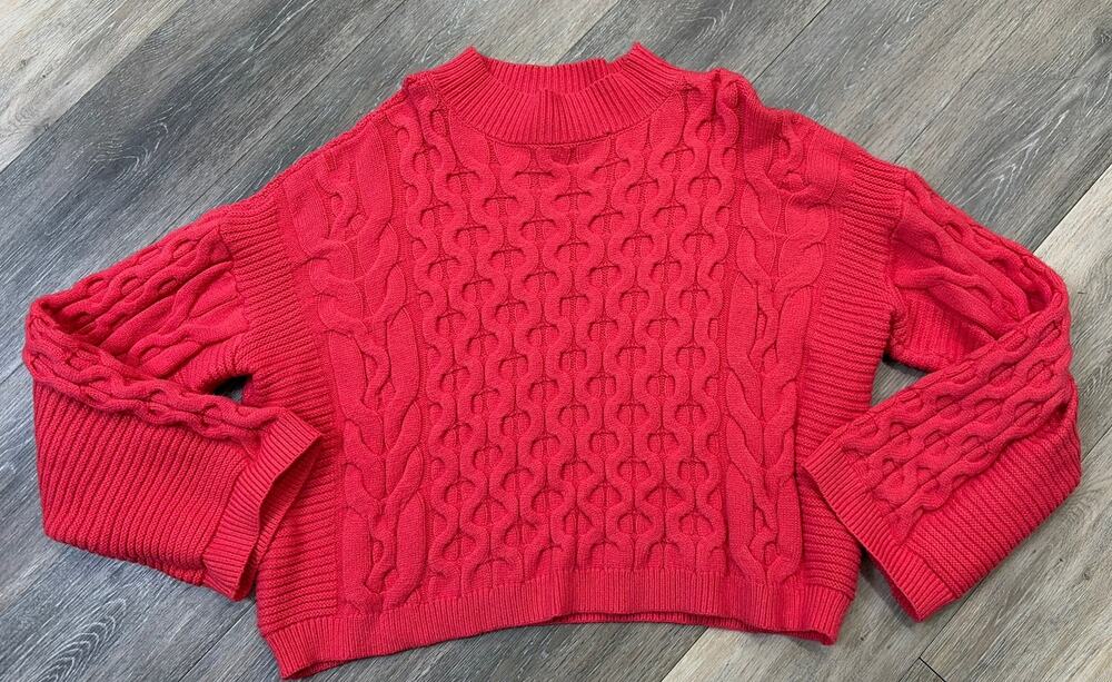 Anthropologie Cable Knit Sweater Red Cropped Cozy Cottagecore Large